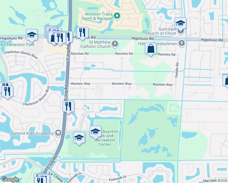 map of restaurants, bars, coffee shops, grocery stores, and more near 6126 Western Way in Lake Worth