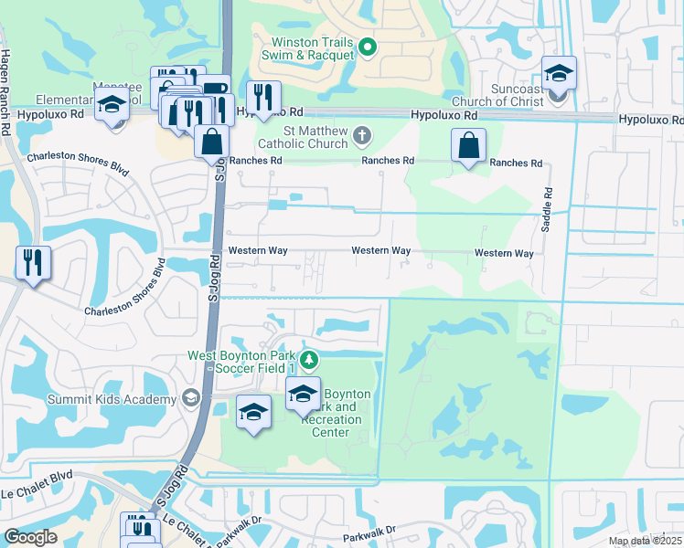 map of restaurants, bars, coffee shops, grocery stores, and more near 6126 Western Way in Lake Worth