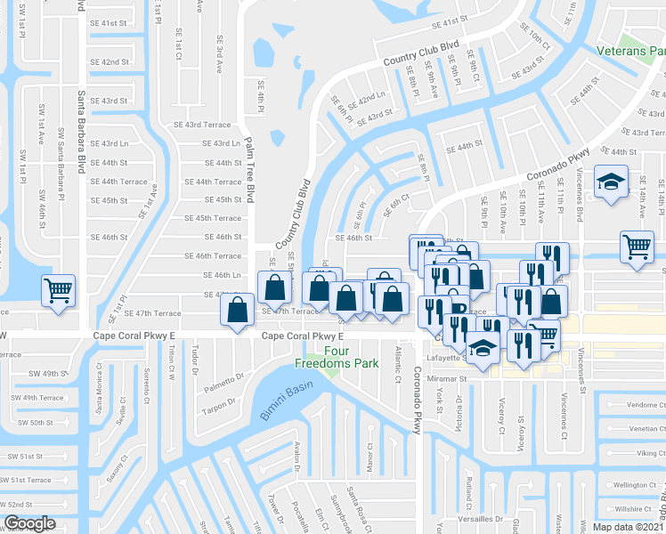 map of restaurants, bars, coffee shops, grocery stores, and more near 602 Southeast 46th Lane in Cape Coral