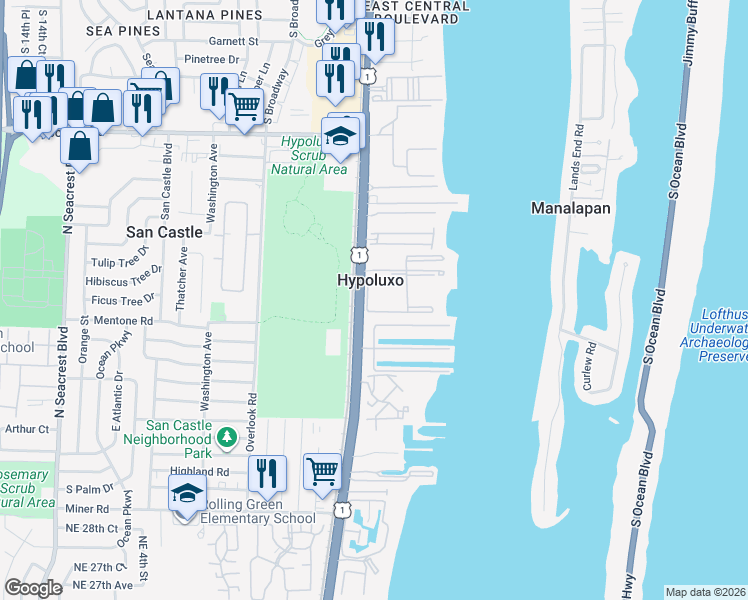 map of restaurants, bars, coffee shops, grocery stores, and more near 7540 South Federal Highway in Lantana