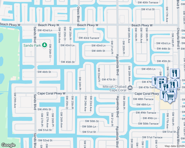 map of restaurants, bars, coffee shops, grocery stores, and more near 4615 Southwest 23rd Avenue in Cape Coral