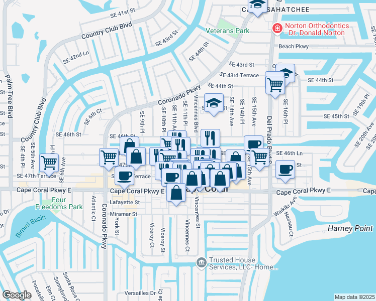 map of restaurants, bars, coffee shops, grocery stores, and more near 1103 Southeast 46th Lane in Cape Coral