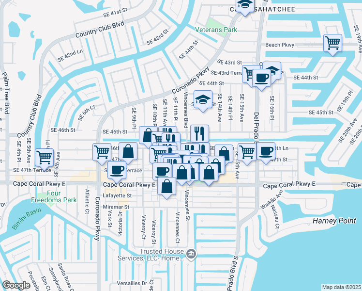 map of restaurants, bars, coffee shops, grocery stores, and more near 1107 Southeast 46th Lane in Cape Coral