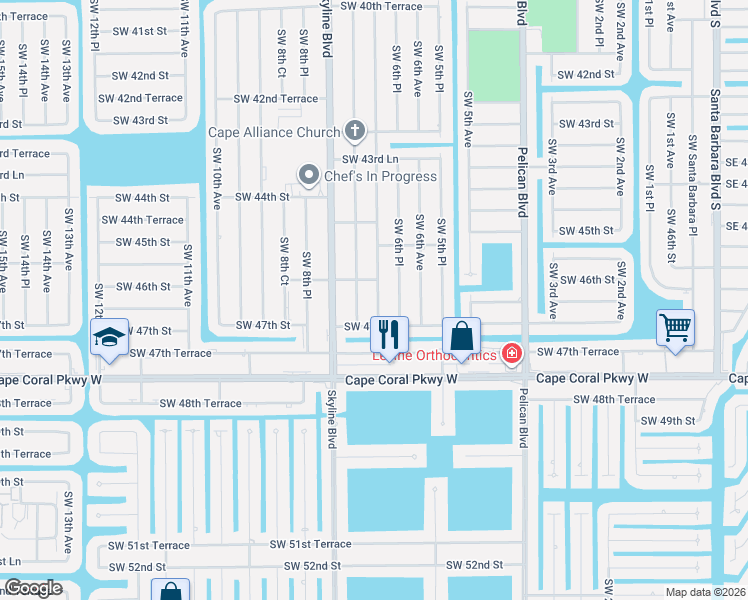 map of restaurants, bars, coffee shops, grocery stores, and more near 4627 Southwest 7th Avenue in Cape Coral