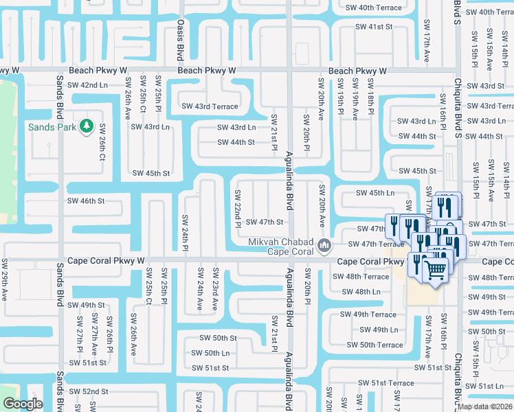 map of restaurants, bars, coffee shops, grocery stores, and more near 4512 Southwest 22nd Avenue in Cape Coral