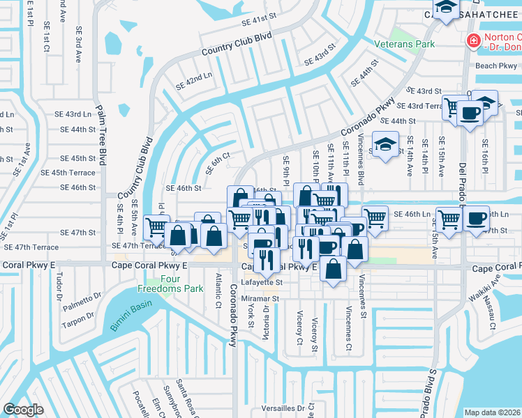 map of restaurants, bars, coffee shops, grocery stores, and more near 827 Southeast 46th Lane in Cape Coral