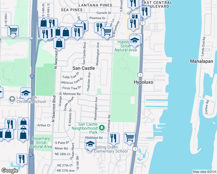 map of restaurants, bars, coffee shops, grocery stores, and more near 7376 East Oakridge Circle in Lantana