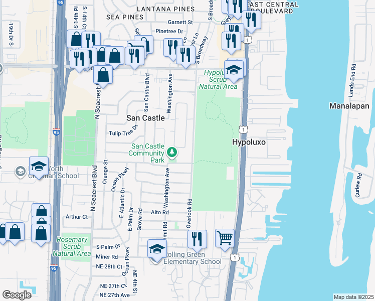 map of restaurants, bars, coffee shops, grocery stores, and more near 7376 East Oakridge Circle in Lantana