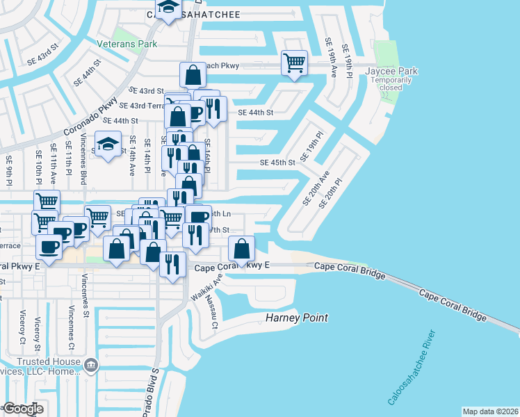 map of restaurants, bars, coffee shops, grocery stores, and more near 1736 Southeast 46th Street in Cape Coral
