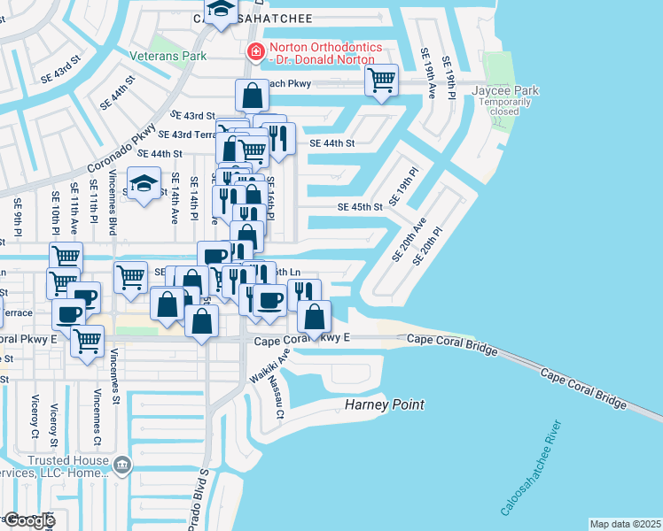 map of restaurants, bars, coffee shops, grocery stores, and more near 1736 Southeast 46th Street in Cape Coral