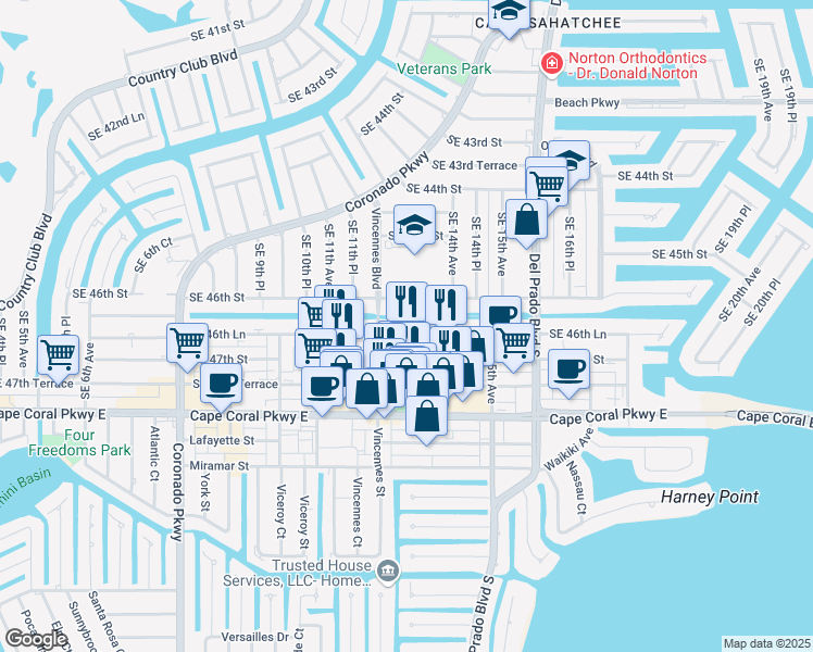 map of restaurants, bars, coffee shops, grocery stores, and more near 1206 Southeast 46th Street in Cape Coral