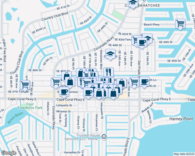map of restaurants, bars, coffee shops, grocery stores, and more near 1114 Southeast 46th Street in Cape Coral