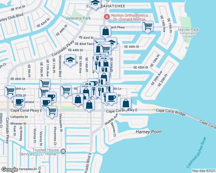 map of restaurants, bars, coffee shops, grocery stores, and more near 1604 Southeast 46th Street in Cape Coral