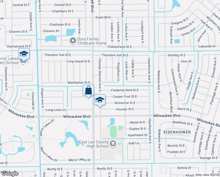 map of restaurants, bars, coffee shops, grocery stores, and more near 553 Kingsbury Lane in Lehigh Acres