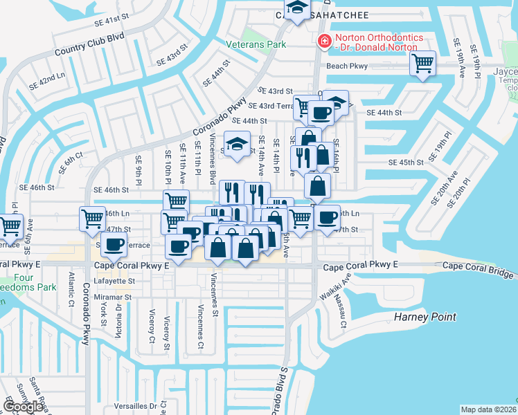map of restaurants, bars, coffee shops, grocery stores, and more near 1339 Southeast 46th Lane in Cape Coral