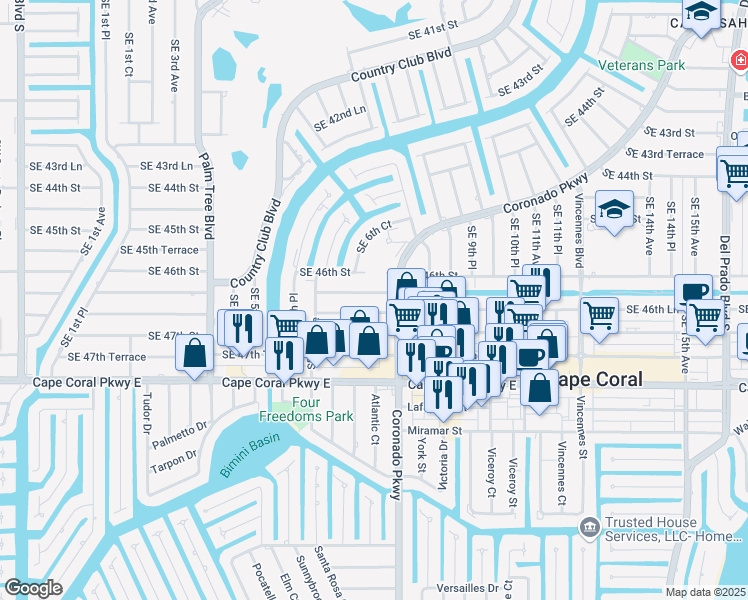map of restaurants, bars, coffee shops, grocery stores, and more near 4610 Coronado Parkway in Cape Coral