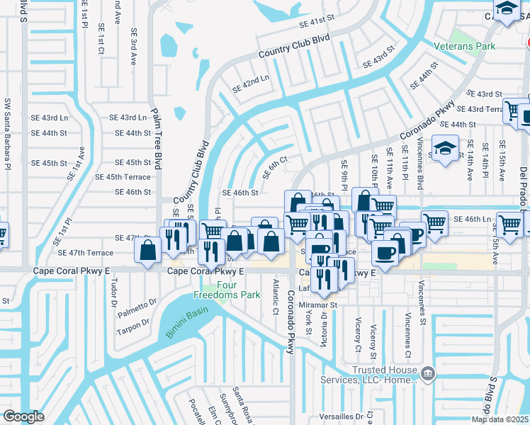 map of restaurants, bars, coffee shops, grocery stores, and more near 621 Southeast 46th Terrace in Cape Coral