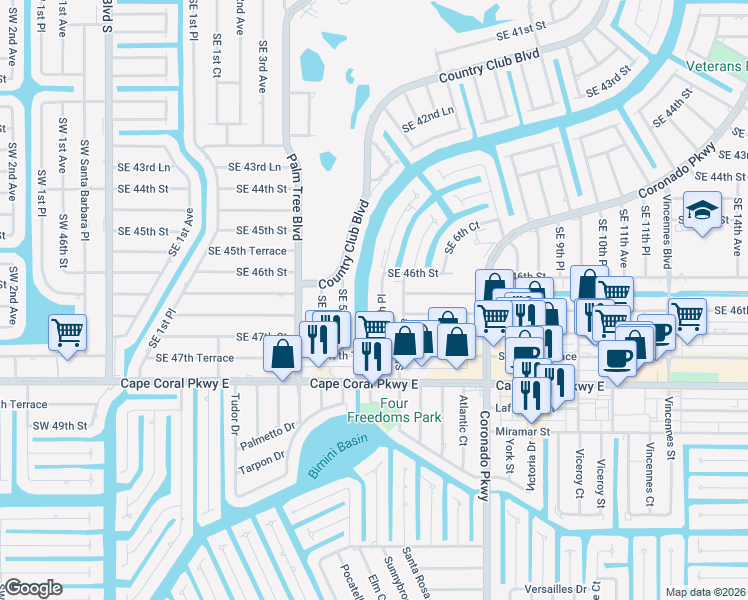 map of restaurants, bars, coffee shops, grocery stores, and more near 4610 Southeast 5th Place in Cape Coral