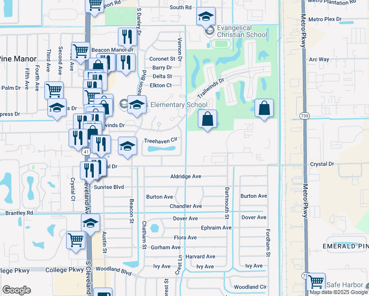 map of restaurants, bars, coffee shops, grocery stores, and more near 223 Treehaven Circle in Fort Myers