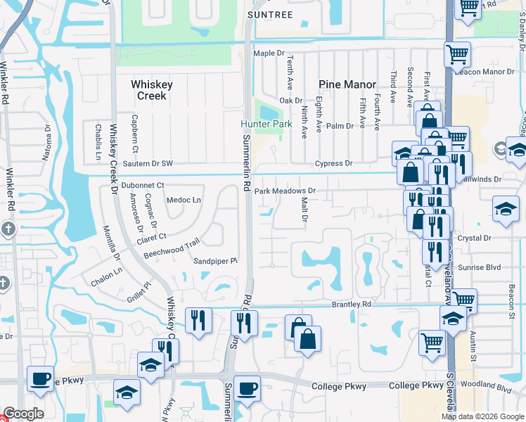 map of restaurants, bars, coffee shops, grocery stores, and more near 1508 Park Meadows Drive in Fort Myers