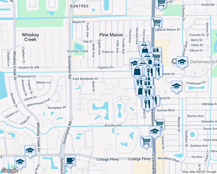map of restaurants, bars, coffee shops, grocery stores, and more near 7350 Pinnacle Pines Drive in Fort Myers