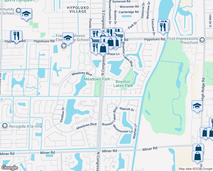 map of restaurants, bars, coffee shops, grocery stores, and more near Hawthorne Lane in Boynton Beach