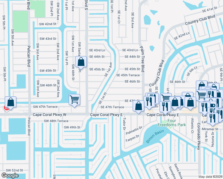 map of restaurants, bars, coffee shops, grocery stores, and more near 205 Southeast 46th Terrace in Cape Coral