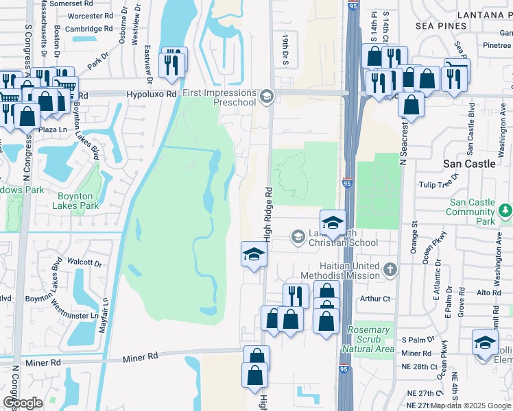 map of restaurants, bars, coffee shops, grocery stores, and more near 7461 High Ridge Road in Boynton Beach