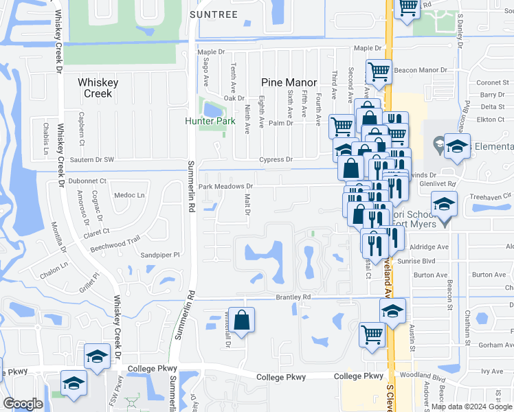 map of restaurants, bars, coffee shops, grocery stores, and more near 5574 Malt Drive in Fort Myers