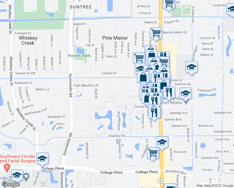 map of restaurants, bars, coffee shops, grocery stores, and more near 1894 Park Meadows Drive in Fort Myers