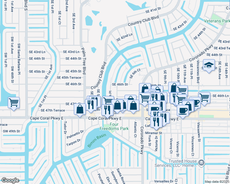 map of restaurants, bars, coffee shops, grocery stores, and more near 4604 Southeast 6th Avenue in Cape Coral