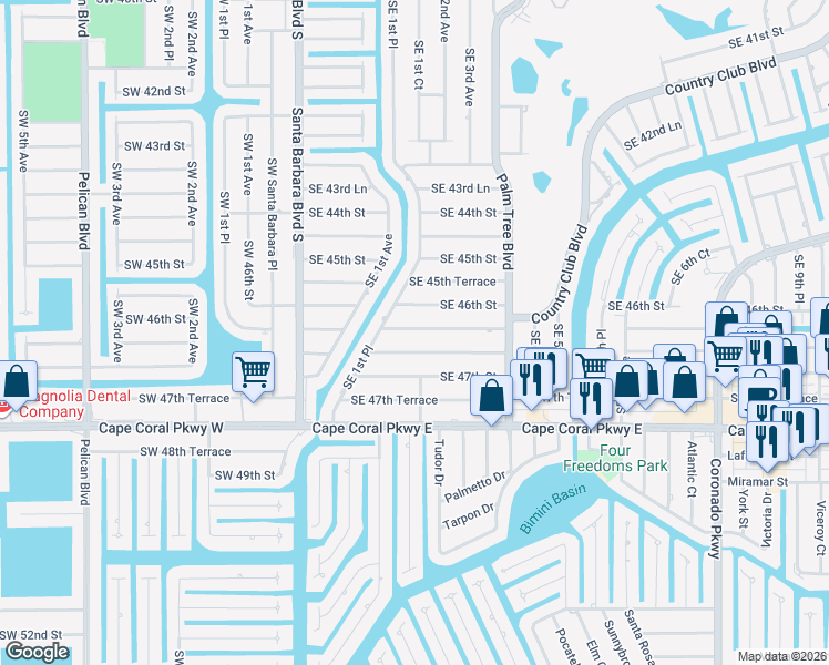 map of restaurants, bars, coffee shops, grocery stores, and more near 231 Southeast 46th Terrace in Cape Coral
