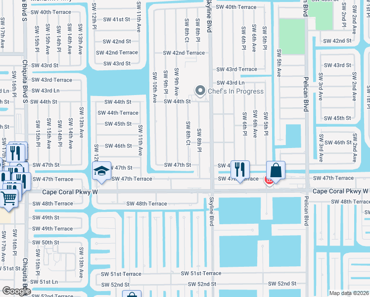 map of restaurants, bars, coffee shops, grocery stores, and more near 4540 Southwest 8th Court in Cape Coral
