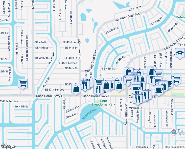 map of restaurants, bars, coffee shops, grocery stores, and more near 4606 Southeast 5th Avenue in Cape Coral