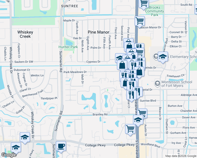 map of restaurants, bars, coffee shops, grocery stores, and more near 7334 Pinnacle Pines Drive in Fort Myers
