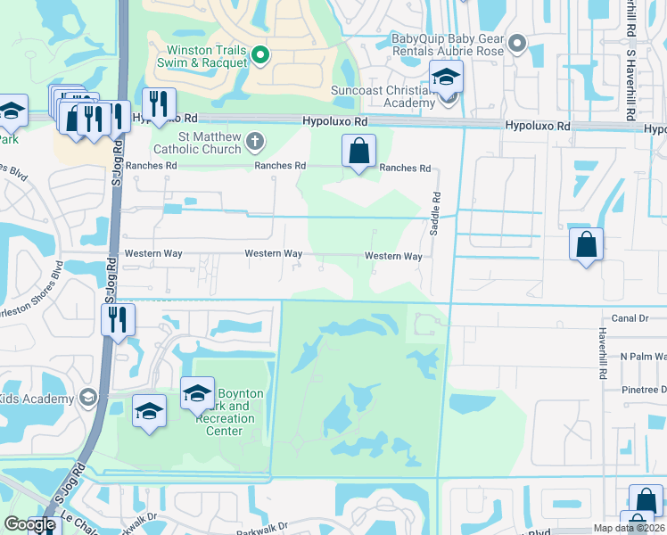map of restaurants, bars, coffee shops, grocery stores, and more near 5844 Western Way in Lake Worth