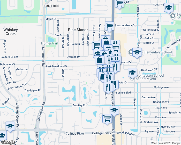 map of restaurants, bars, coffee shops, grocery stores, and more near 7200 Pinnacle Drive in Fort Myers