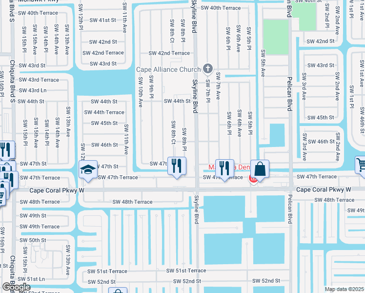 map of restaurants, bars, coffee shops, grocery stores, and more near 4535 Southwest 8th Place in Cape Coral