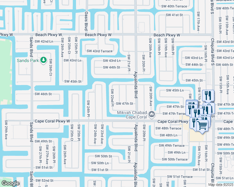 map of restaurants, bars, coffee shops, grocery stores, and more near 4512 Southwest 22nd Avenue in Cape Coral
