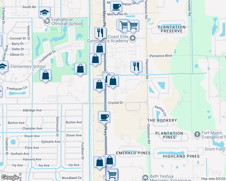 map of restaurants, bars, coffee shops, grocery stores, and more near 12165 Metro Parkway in Fort Myers