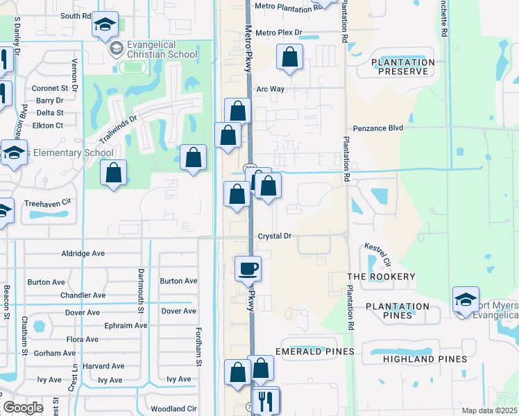 map of restaurants, bars, coffee shops, grocery stores, and more near 12165 Metro Parkway in Fort Myers