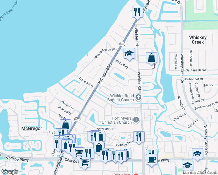 map of restaurants, bars, coffee shops, grocery stores, and more near 815 Entrada Drive North in Fort Myers