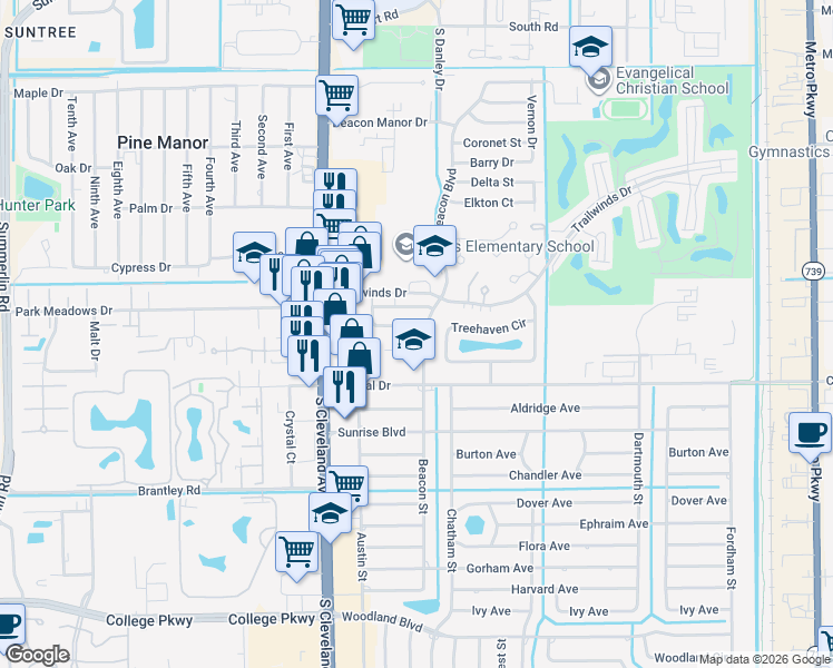 map of restaurants, bars, coffee shops, grocery stores, and more near 2100 Barkeley Lane in Fort Myers