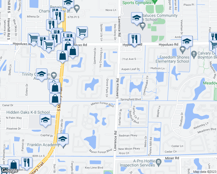 map of restaurants, bars, coffee shops, grocery stores, and more near 1036 Grove Park Circle in Boynton Beach
