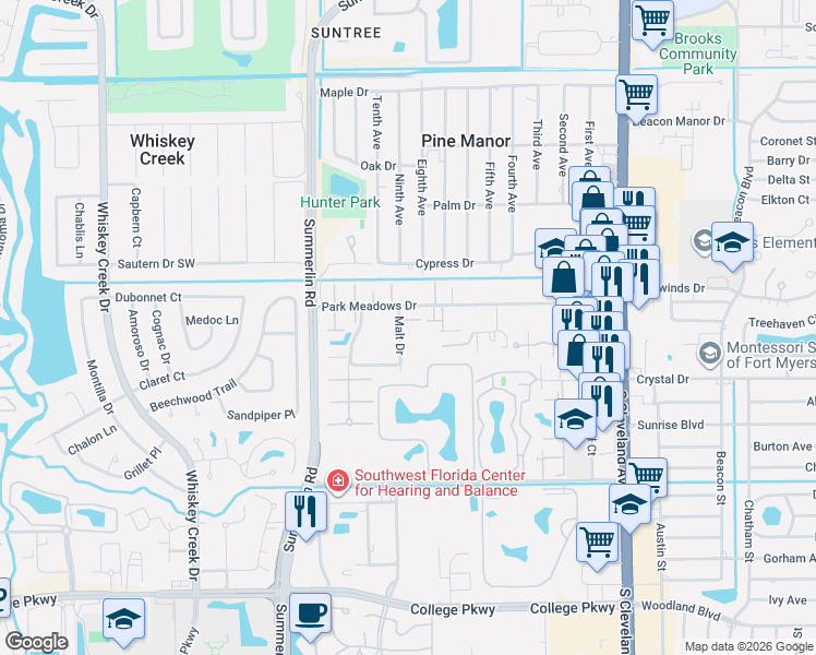 map of restaurants, bars, coffee shops, grocery stores, and more near 5556 Malt Drive in Fort Myers