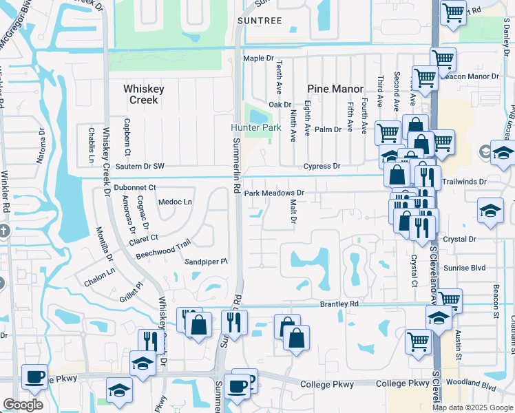 map of restaurants, bars, coffee shops, grocery stores, and more near 1508 Park Meadows Drive in Fort Myers