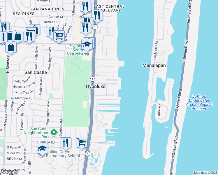 map of restaurants, bars, coffee shops, grocery stores, and more near 192 Yacht Club Way in Hypoluxo