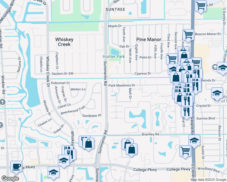 map of restaurants, bars, coffee shops, grocery stores, and more near 1538 Park Meadows Drive in Fort Myers