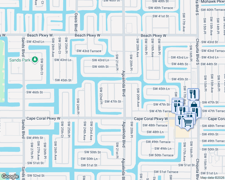 map of restaurants, bars, coffee shops, grocery stores, and more near 4506 Southwest 21st Place in Cape Coral