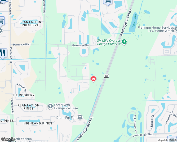 map of restaurants, bars, coffee shops, grocery stores, and more near 12091 J V Parker Lane in Fort Myers